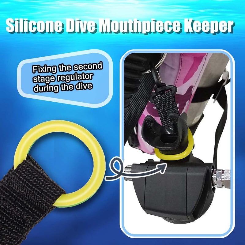 JUSTOOP Store Scuba Octopus Mouthpiece Holder,Silicone Octopus Holder for Scuba Diving 0cto Mouthpiece Keeper for 2nd Stage Regulator Octopus Retainer with Spring Clip,2 PCS,Green/Yellow - Image 2